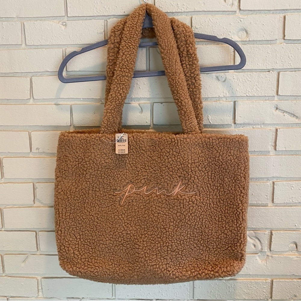 VS Victorias Secret PINK TEDDY Plush Brown Tote Travel  Work Shopping Bag NEW